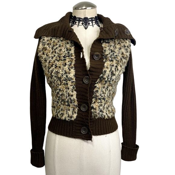 Energie Sweaters - Vtg Y2K Cheetah Print fuzzy Knit Grunge Punk Collared Sweaer Jacket Sz Small